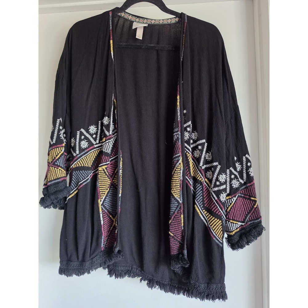 Knox Rose Kimono Size L Black Geometric Long Sleeve Boho Wrap Cardigan